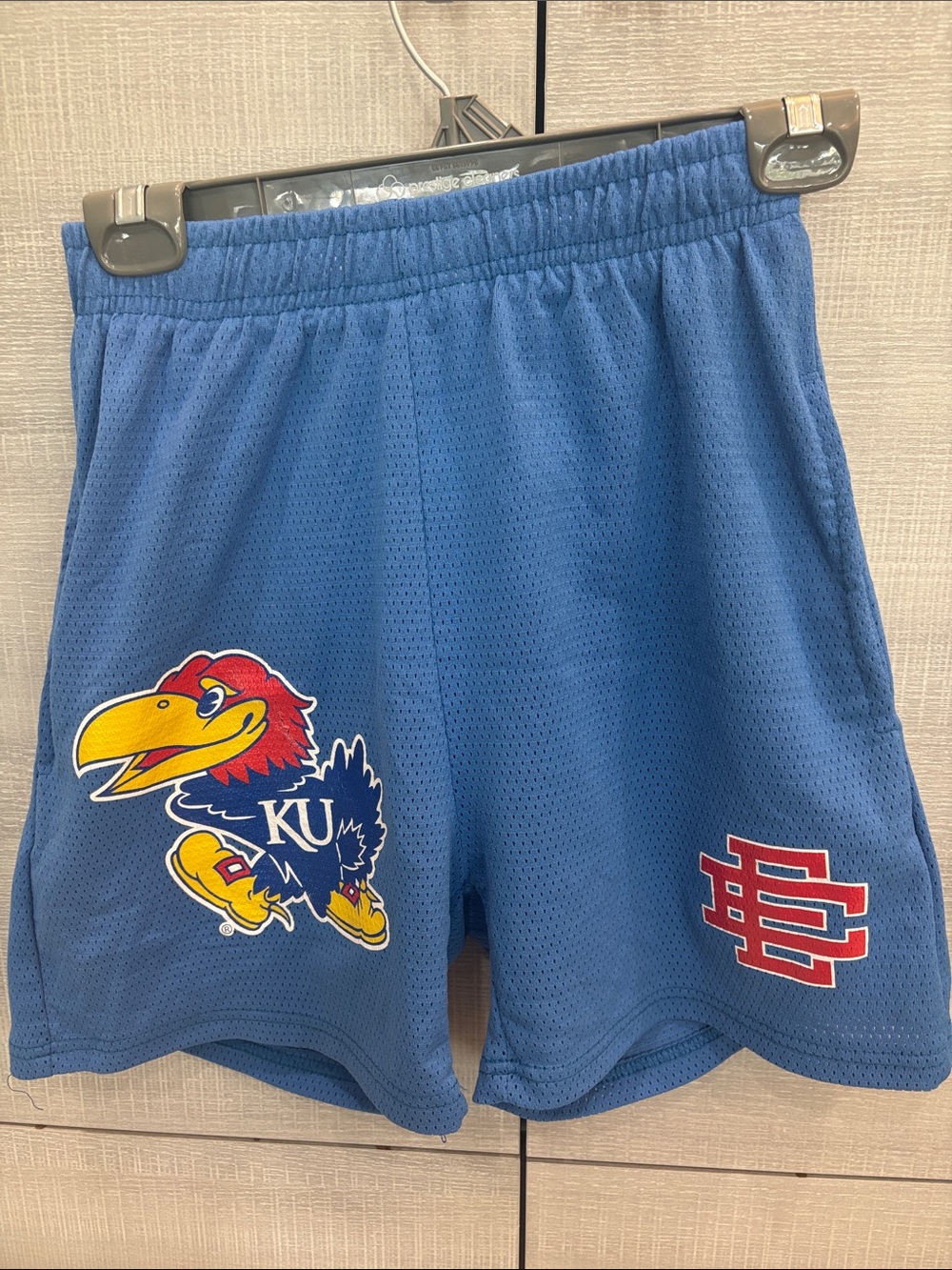 FAKE Eric Emanuel Blue Kids KU Jayhawk Mesh Shorts with Red & Yellow Accents